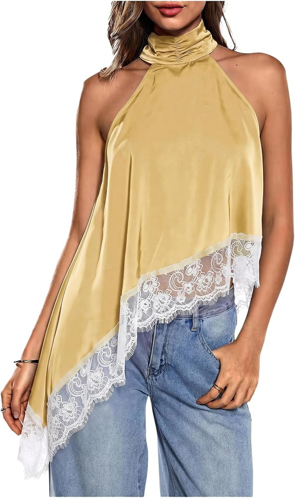 Milumia Women's Halter Neck Top Lace Asymmetrical Hem Going Out Tank Tops | Amazon (US)