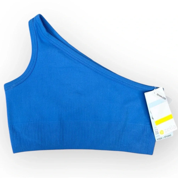 Zella Women's One-Shoulder Ribbed Sports Bra Blue Size L Low Support | Poshmark