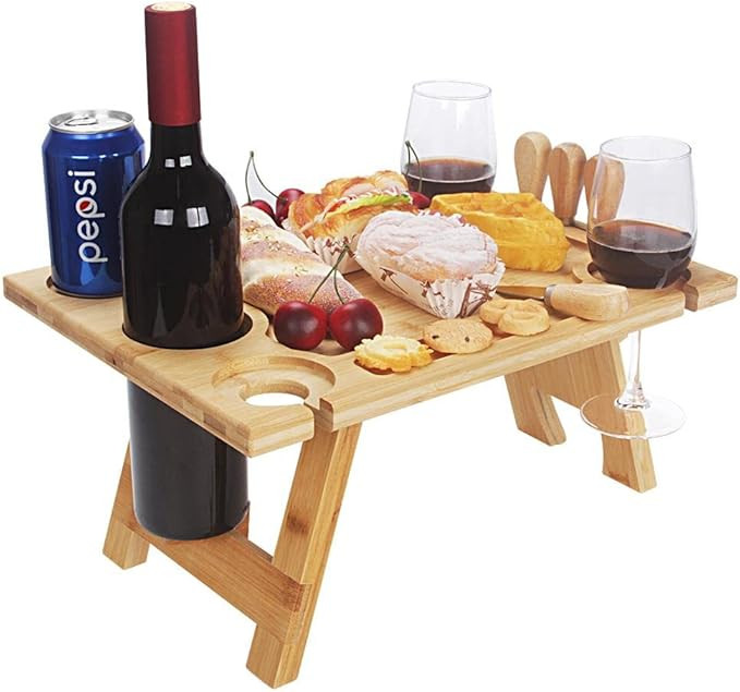 Portable Wine Picnic Table, Folding Bamboo Snack Table with Wine Bottle and Glass Holder for Camp... | Amazon (US)