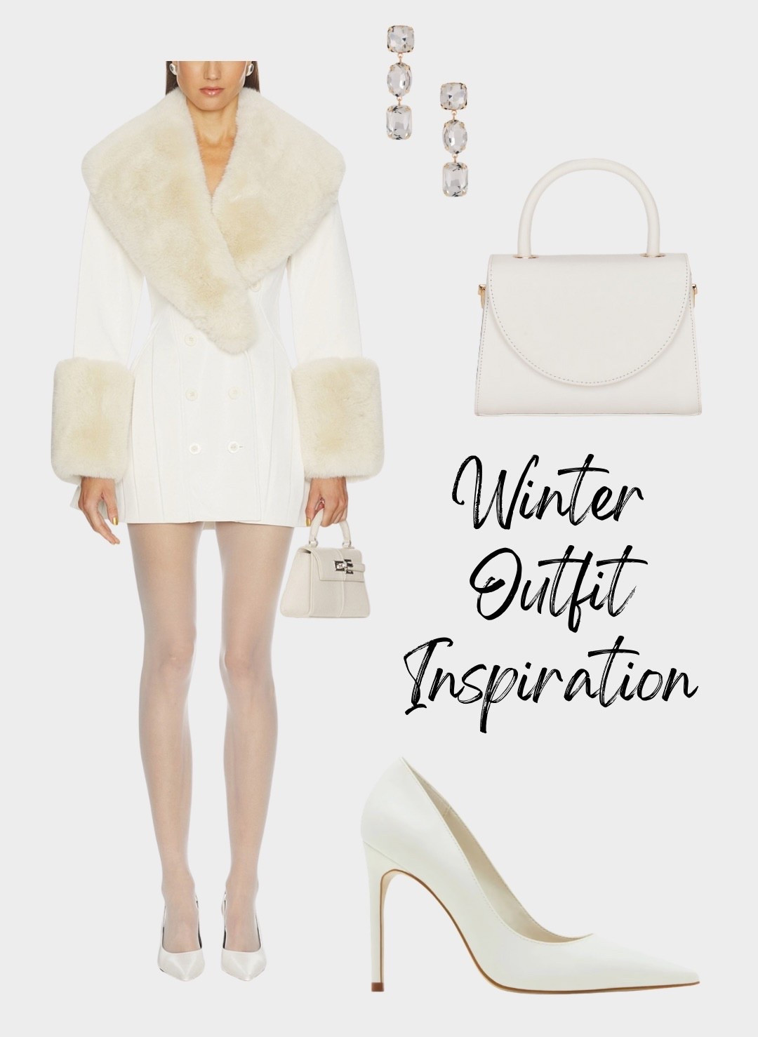 Winter outfit, all white outfit, faux fur coat, faux fur dress, white coat, white purse, white heels, pointed toe heels, rhinestone earrings, blazer dress, winter outfit inspiration, white shoes, white handbag, gold earrings, statement earrings, faux fur jackett

#LTKBeauty #LTKSeasonal #LTKHoliday