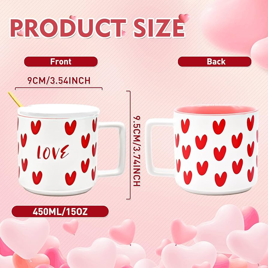 15 oz Valentine's Day Love Heart Mug with Lid and Spoon, Large Romantic Ceramic Coffee Cup, 450ml... | Amazon (US)