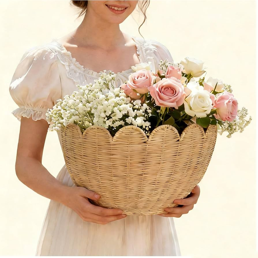 Scalloped Wicker Wall Basket - Hand Woven Rattan Hanging Storage Organizer, Decorative Basket for... | Amazon (US)