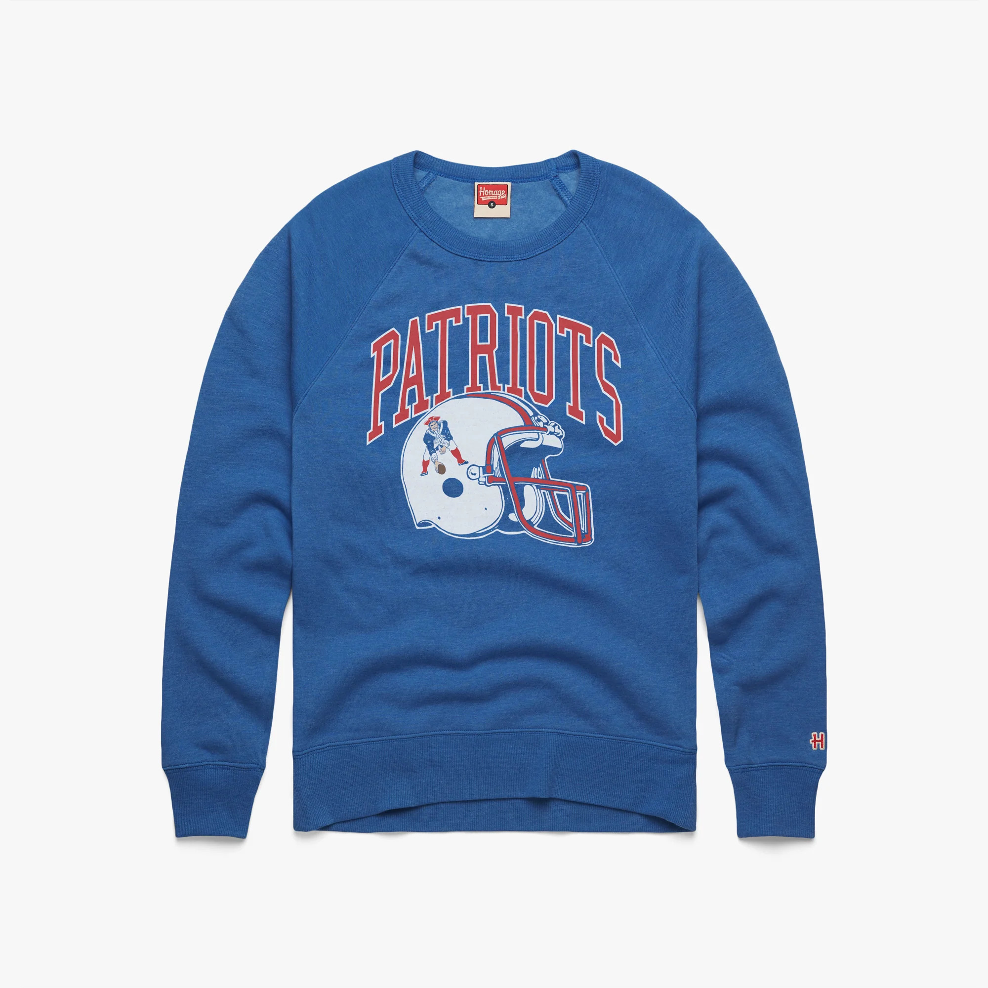 New England Patriots Helmet Retro Crewneck from Homage. | Royal Blue Crewneck Sweatshirt | Vintage Apparel from Homage. | Homage