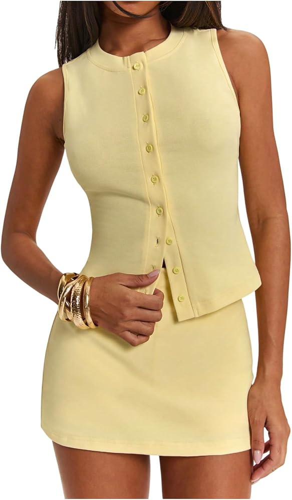 SOLY HUX Women's 2 Piece Skirt Set Summer Matching Sets     Button Up Tank Top, Skort Sets, Going... | Amazon (US)