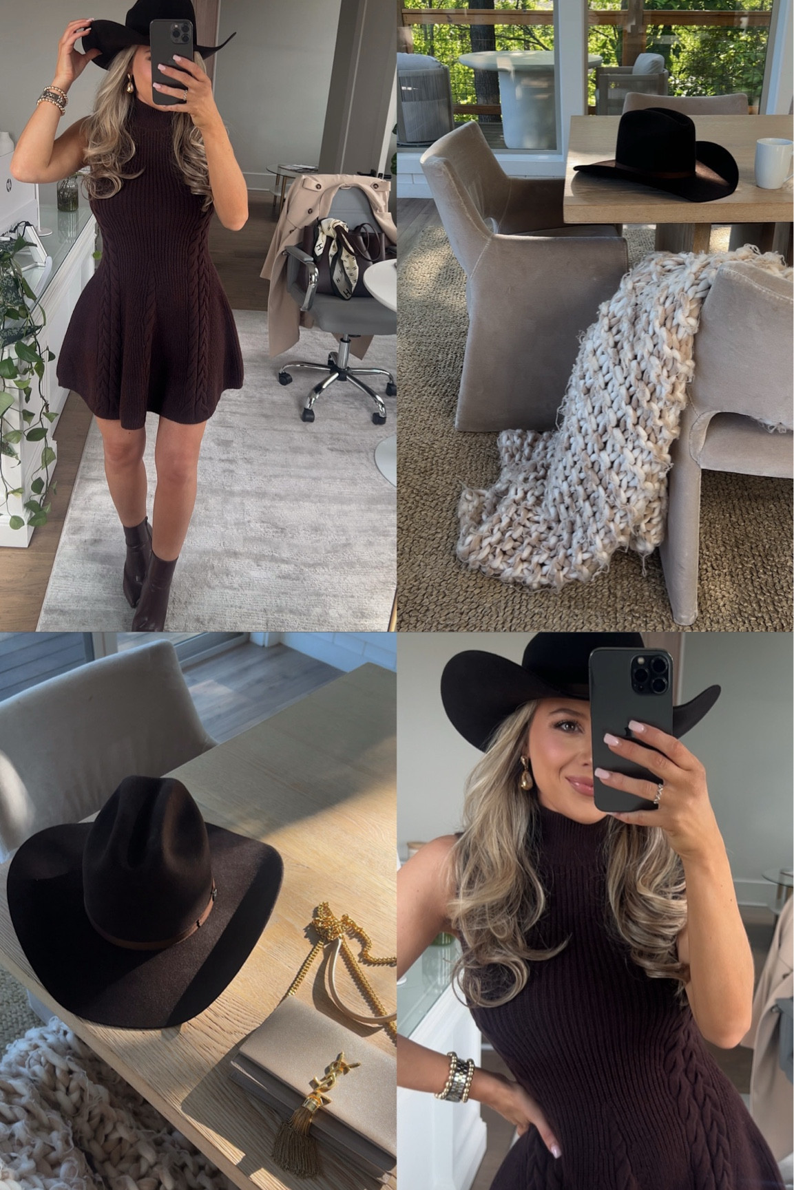 Dress is so cute for spring or fall!! You
Can wear it so many ways! 

Wearing XS in dress! 

Hat is Tecovas! 

Boots are old but I’ve linked some similar ones! 

Country concert outfit, brown sweater dress, brown cowboy hat, concert outfits 

#LTKootd