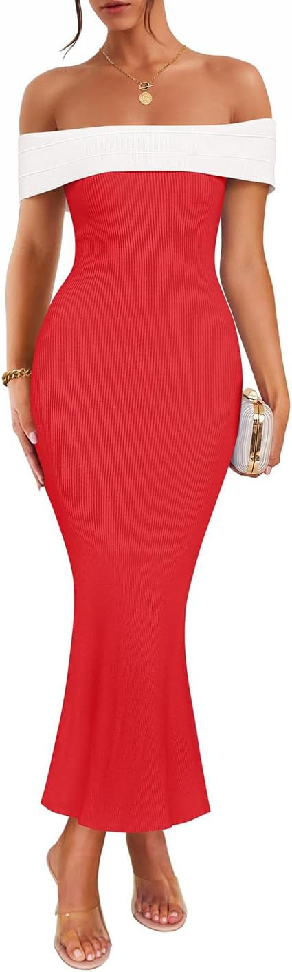 ZESICA Women's 2025 Summer Off The Shoulder Knit Maxi Dresses Sleeveless Color Block Formal Party... | Amazon (US)