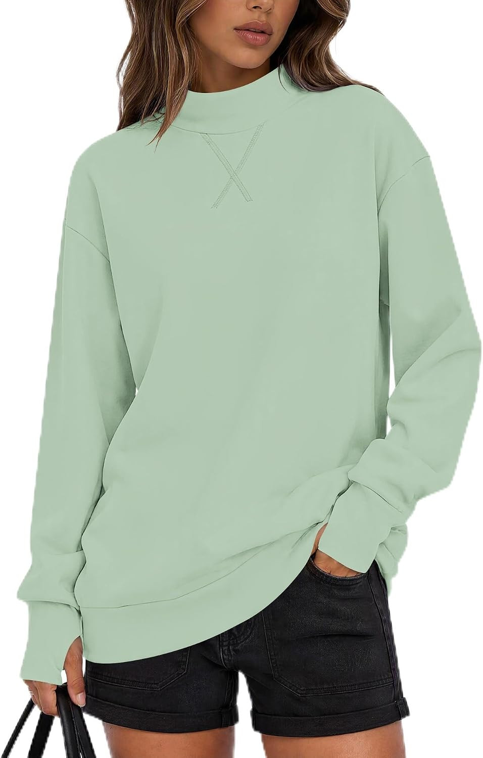 AUSELILY Mock Neck Sweatshirt for Women Long Sleeve Pullover Top Thumb Hole | Amazon (US)