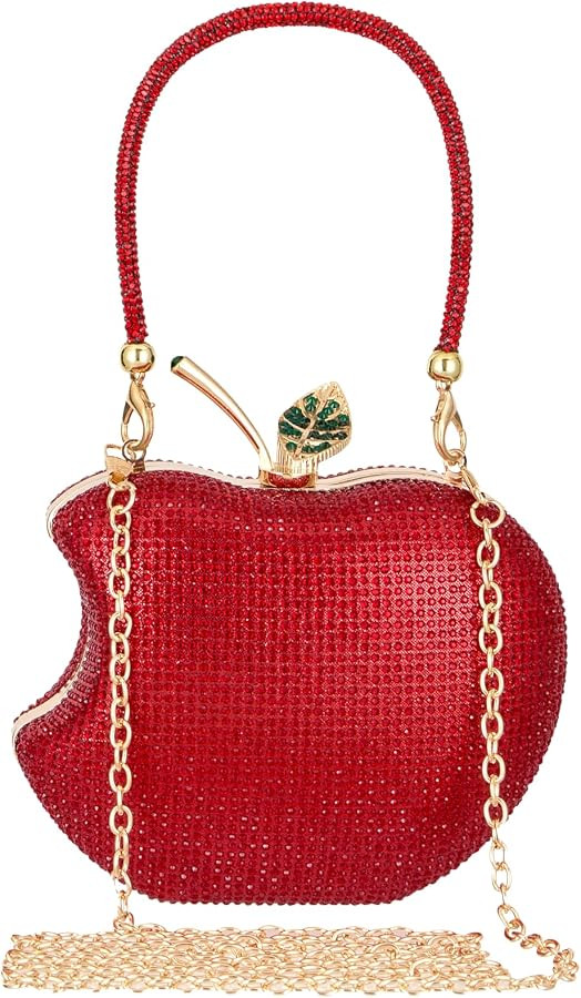 Red Rhinestone Apple-Shaped Evening Clutch Purse for Women, Crossbody Bag with Detachable Chain, ... | Amazon (US)