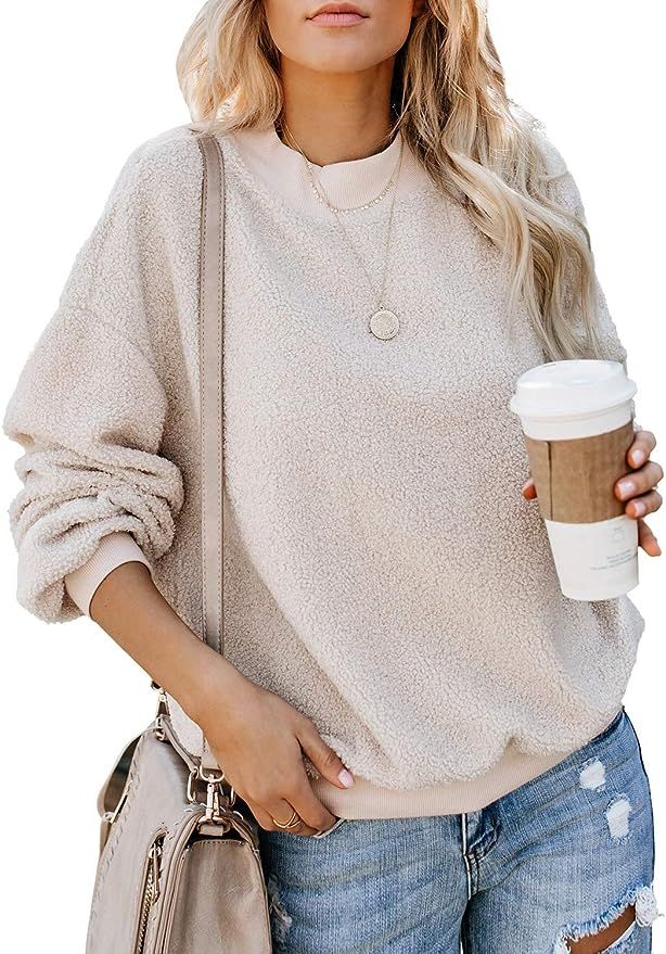 Womens Solid Color Casual Pullover Crewneck Long Sleeve Fashion Sweatshirts Tops | Amazon (US)