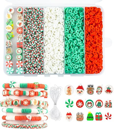 FINEWEN Christmas Clay Beads for Bracelets Jewelry Making Kit (4000Pcs), Xmas Colored Red Green H... | Amazon (US)