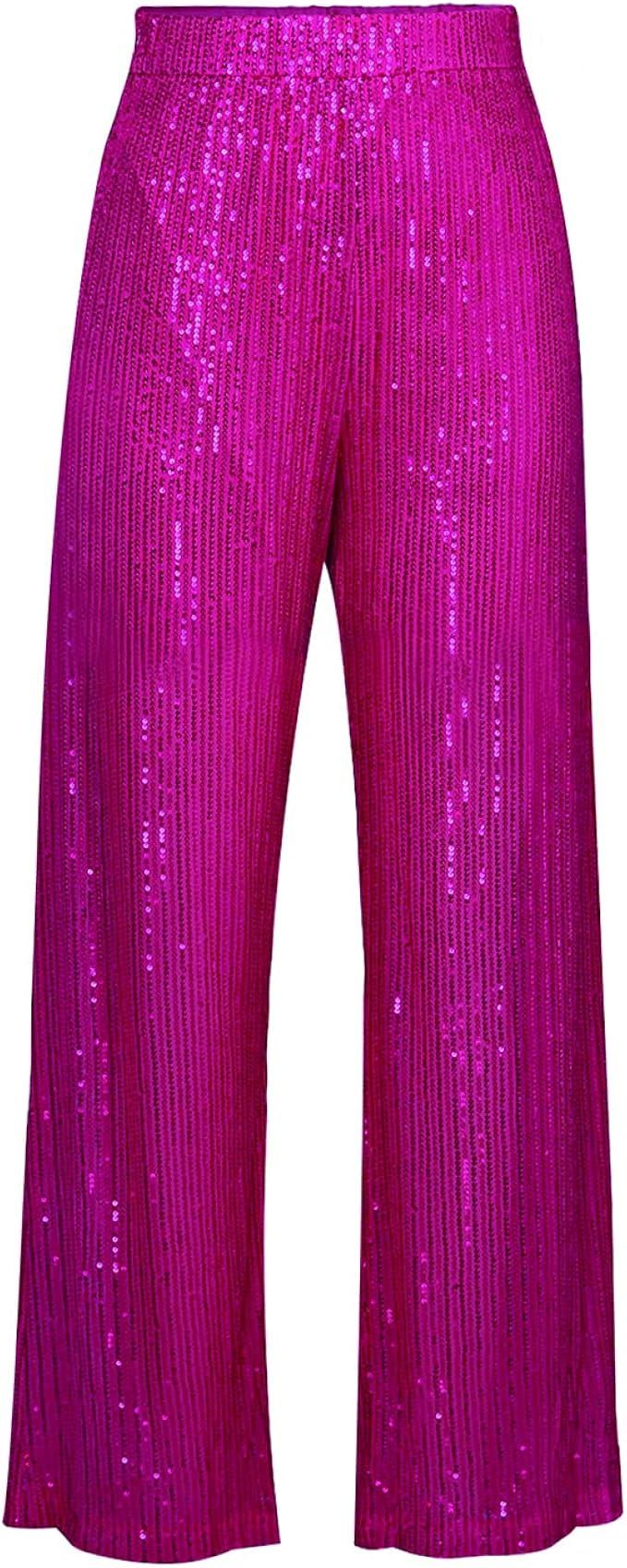 Aelidiya Women's Glitter Sequin Long Loose Pants Bling Party Clubwear Elastic Casual Pants | Amazon (US)
