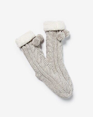 cable knit fleece lined pom socks | Express