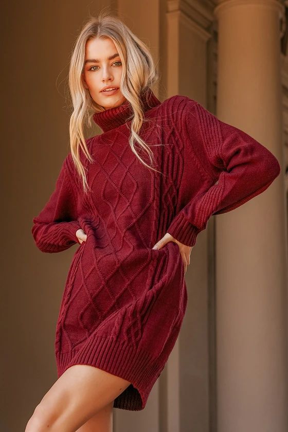 Cuddle Up Close Burgundy Cable Knit Turtleneck Sweater Dress | Lulus (US)