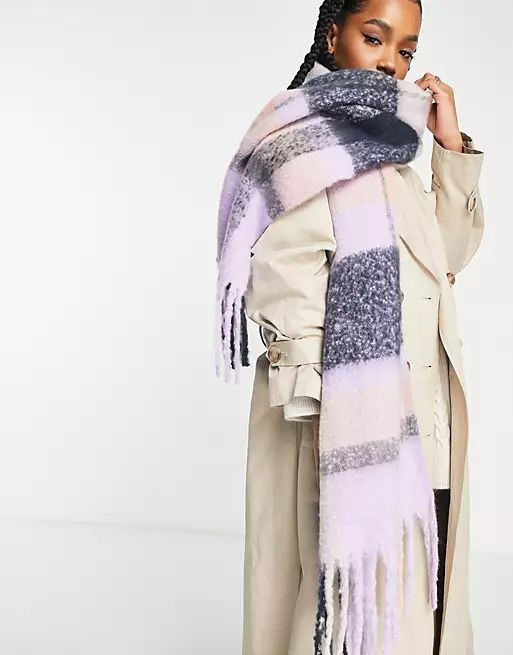 Pieces tassel detail scarf in lilac & gray check | ASOS | ASOS (Global)