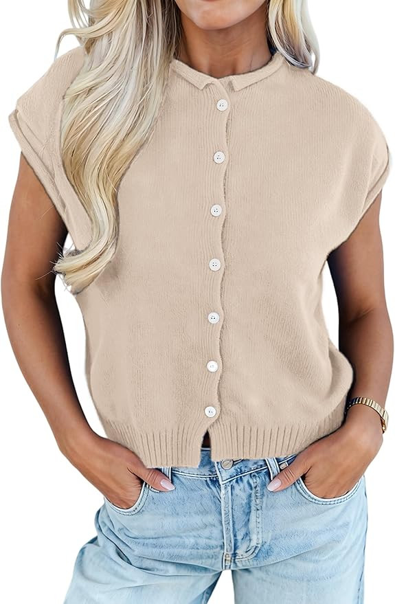 Womens Rolled Cap Sleeve Knit Top Button Up Summer Lightweight Sweater Cardigan | Amazon (US)
