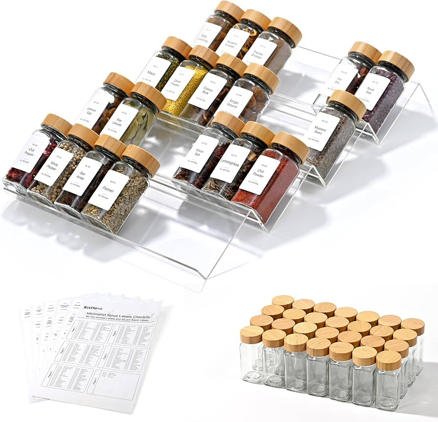 Acrylic Spice Drawer Organizer with 28 Spice Jars and 216 Labels,Non-slip Rubber, 4 Tier Spice Ra... | Amazon (US)
