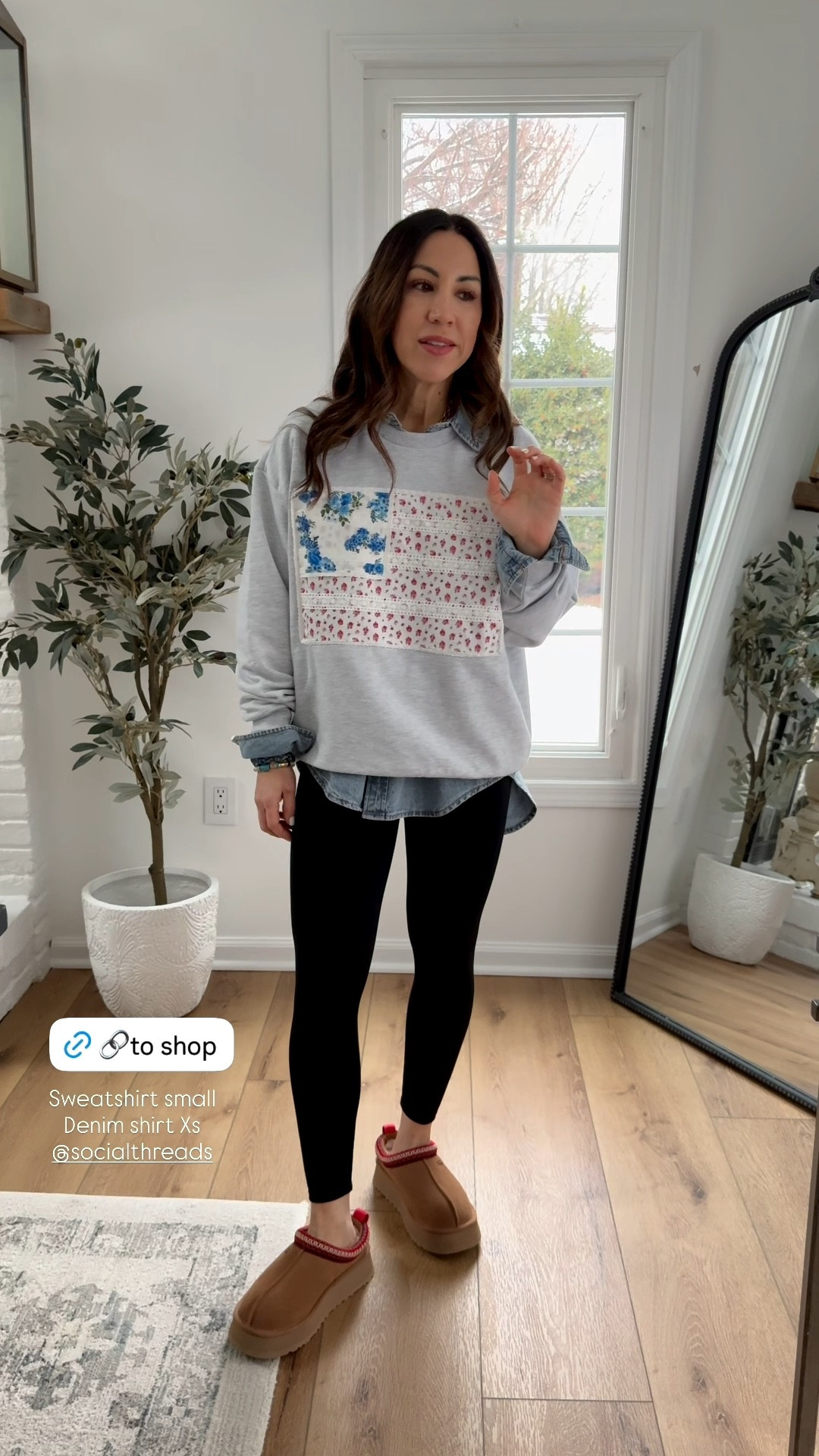 Small American flag sweatshirt, XS denim shirt, UGGs TTS

#LTKOver40