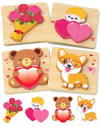 Oomloid Toddler Valentines Wooden Puzzles Gifts for Kids, 4 Pack Valentines Day Toys Valentines Gifts for Kids Classroom, Valentines Day Party Favors for Toddlers Boys Girls | Amazon (US)