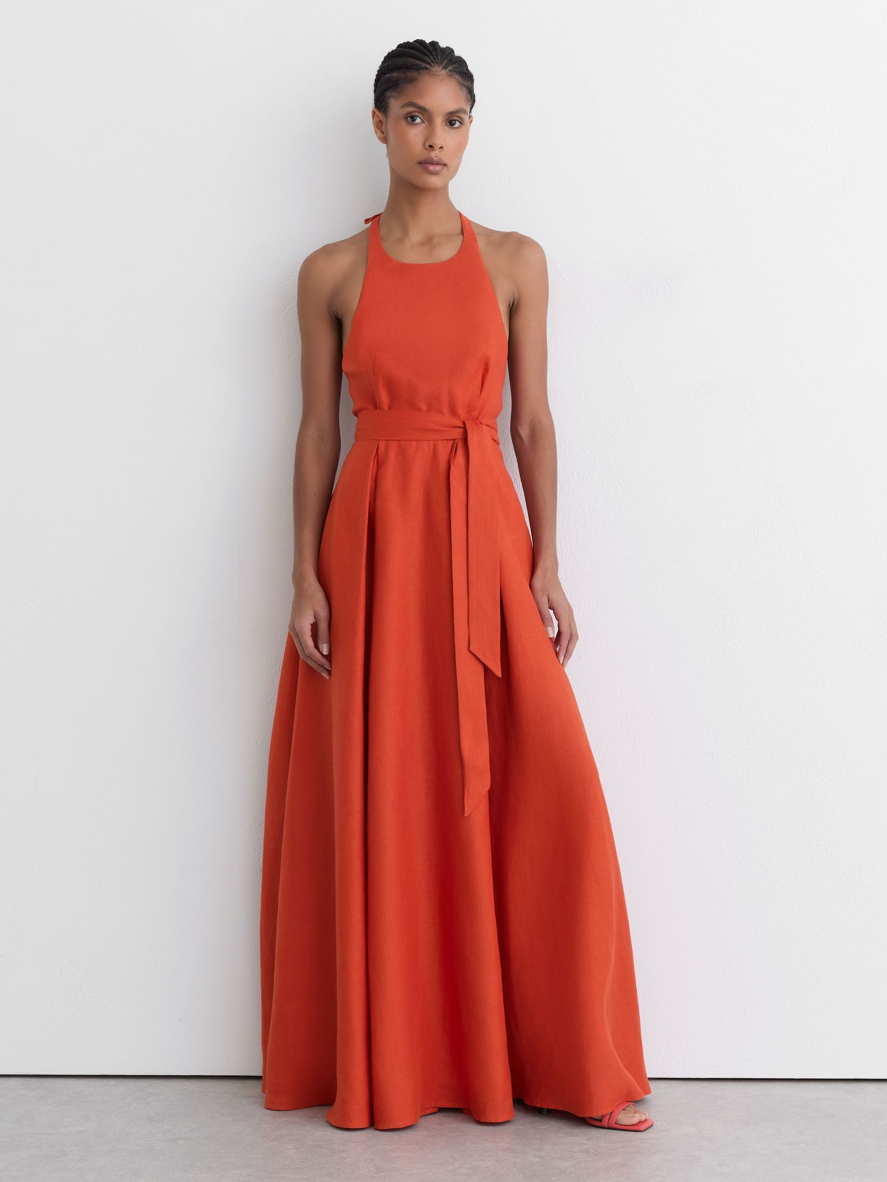 Linen Open-Back Maxi Dress in Coral Orange | Reiss UK