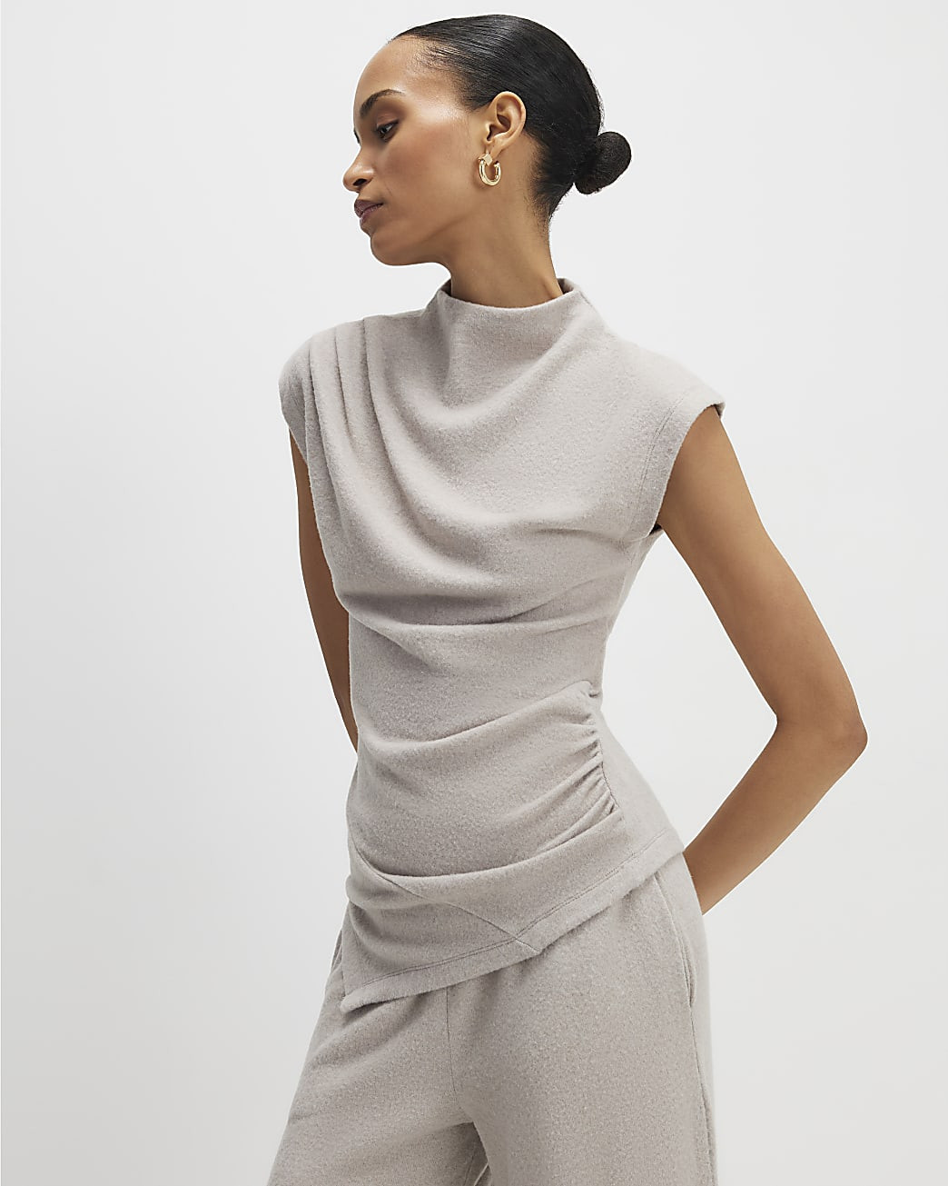 Beige Cosy Sleeveless Drape Top | River Island UK & IE