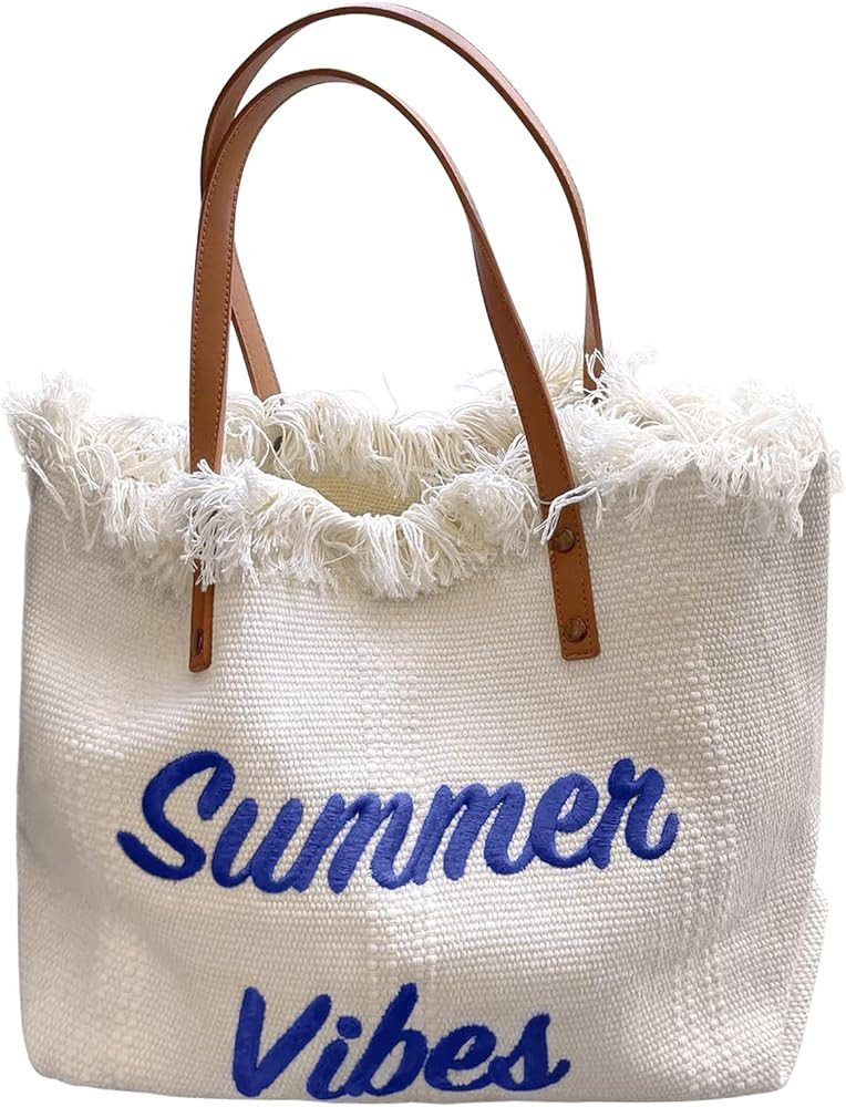 Women Large Beach Canvas Tote Bag Summer Vibes Beach Bag Big Capacity Tassel Handbag | Amazon (US)