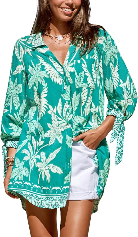 CUPSHE Women Mini Summer Dress Cover Up Oversize Floral Shirt 3/4 Sleeve Cuff Tie Button Down Bea... | Amazon (CA)
