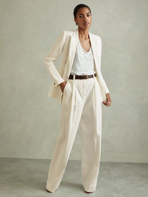 Cotton Blend Wide Leg Trousers in White | Reiss DE