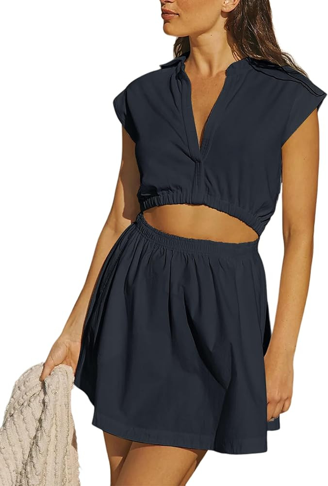 Summer Dresses for Women Casual Elegant Sleeveless V Neck Cutout Elastic Mini Dress | Amazon (US)