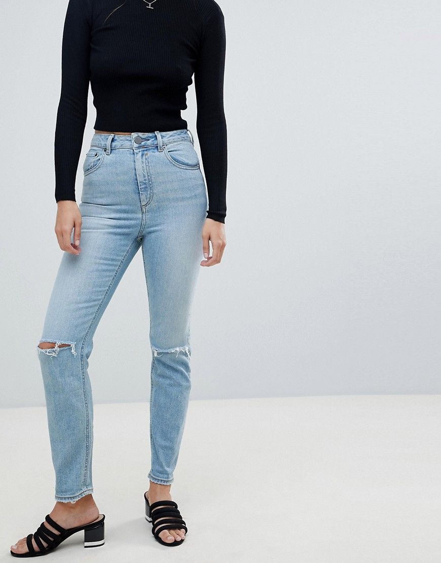 ASOS DESIGN Farleigh high waist slim mom jeans in light stonewash blue with ripped knees - Blue | ASOS US