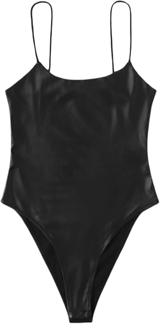 MakeMeChic Women's Spaghetti Strap Leather Bodysuit Cami Tank Top | Amazon (US)