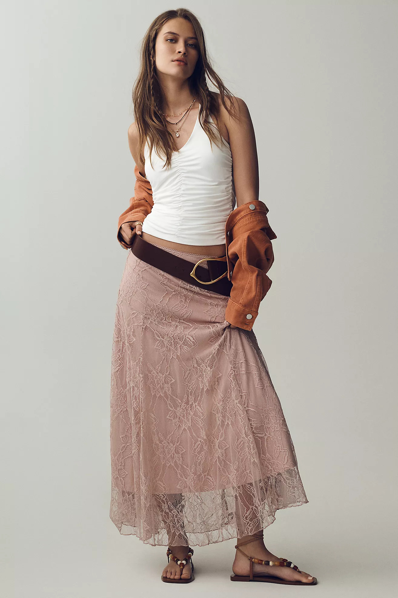 By Anthropologie Asymmetric Drop-Waist Lace Midi Skirt | Anthropologie (US)