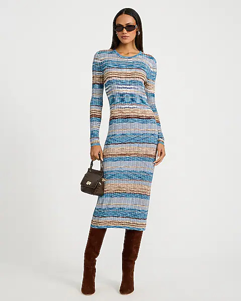 Ribbed Striped Crew Neck Long Sleeve Midi Sweater Dress | Express