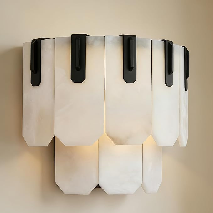 Natural Alabaster Wall Sconce, Vintage Handcrafted 2-Tier Paneling Wall Sconce with Aged Solid Br... | Amazon (US)