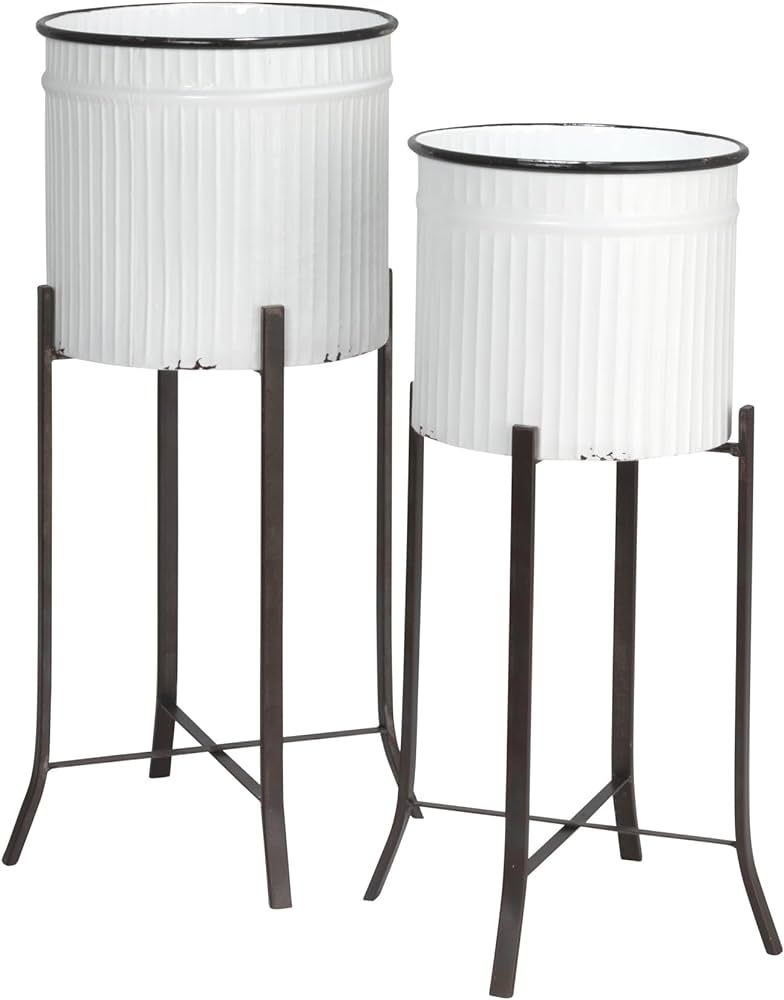 Creative Co-op Round Corrugated Metal Planters on Stands, White and Black, Set of 2 | Amazon (US)