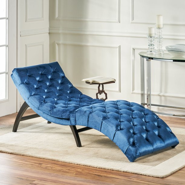 Garamond Contemporary Velvet Chaise Lounge, Blue and Expresso - Walmart.com | Walmart (US)