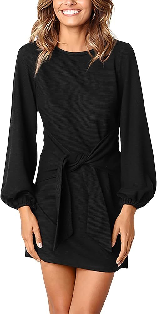 PRETTYGARDEN Women's Elegant Long Lantern Sleeve Short Dress Crewneck Tie Waist Knit Cocktail Dre... | Amazon (US)