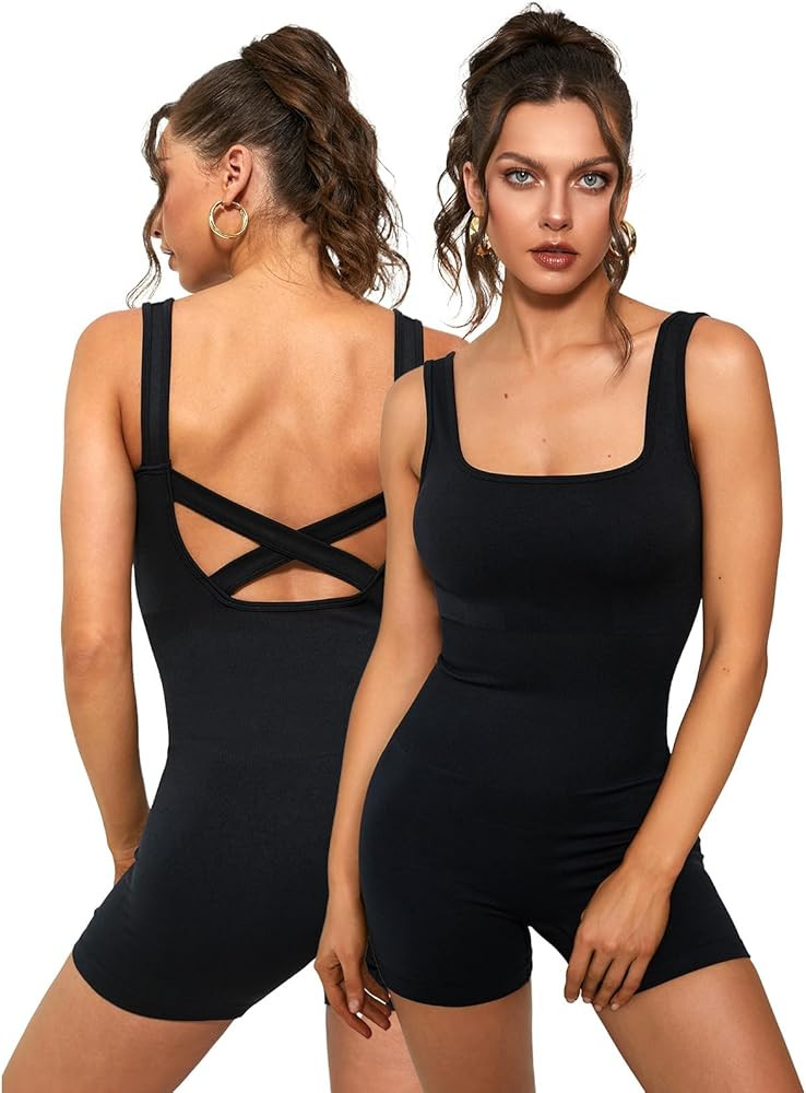 Jumpsuit for Women - Women's Cross Back One Piece Jumpsuit Tummy Control Bodycon Shorts Rompers f... | Amazon (US)