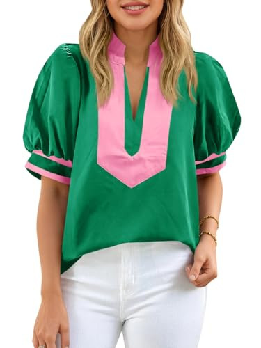 Cicy Bell Womens Color Block Puff Sleeve Blouses Summer Casual Dressy V Neck Tops Loose Fit Tee Shirts Green | Amazon (US)