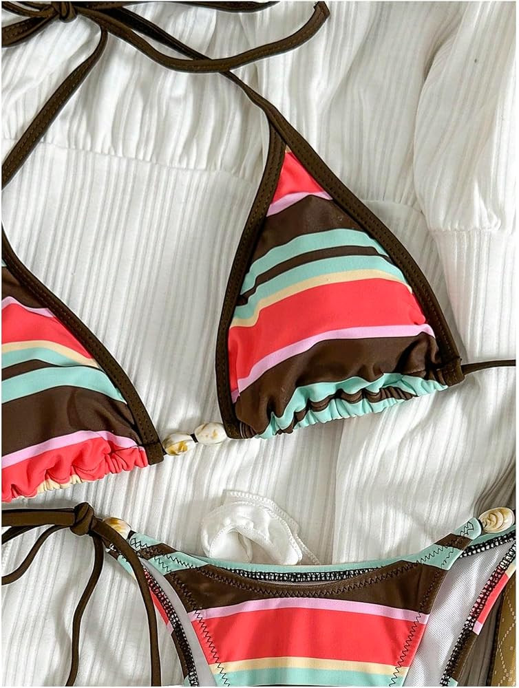 MakeMeChic Women's Striped Bikini Sets Halter Triangle Tie Side Thong 2 Piece Swimsuits | Amazon (US)