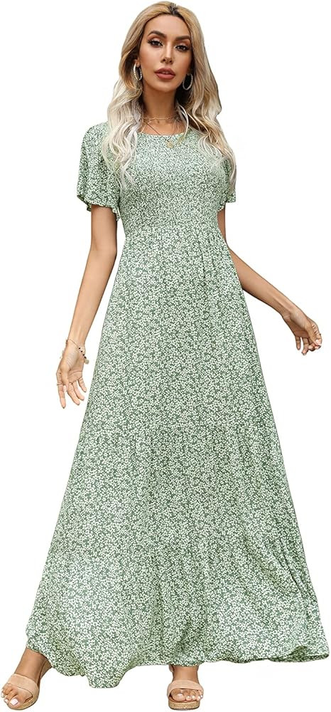 Kranda Women's Round Neck Short Flutter Sleeve Smocked Ruffle Floral Maxi Dress | Amazon (US)
