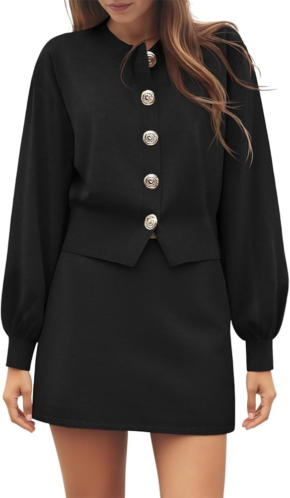 Tankaneo Womens Skirt 2 Piece Sweater Set Crewneck Button Up Cardigan Mini Skirt Trendy Casual Lo... | Amazon (US)