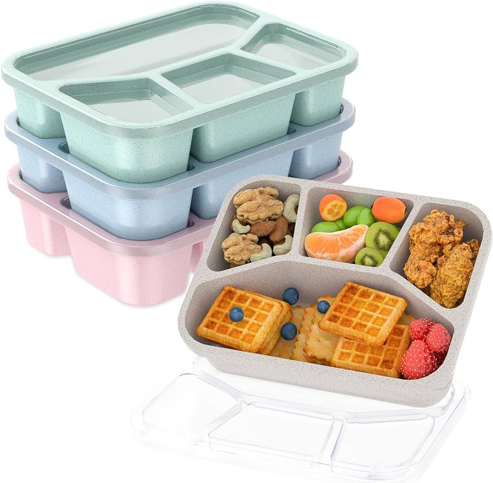 Bento Lunch Box for Kids (4 Pack), 4-Compartment Meal Prep Container with Transparent Cover, Free... | Amazon (US)