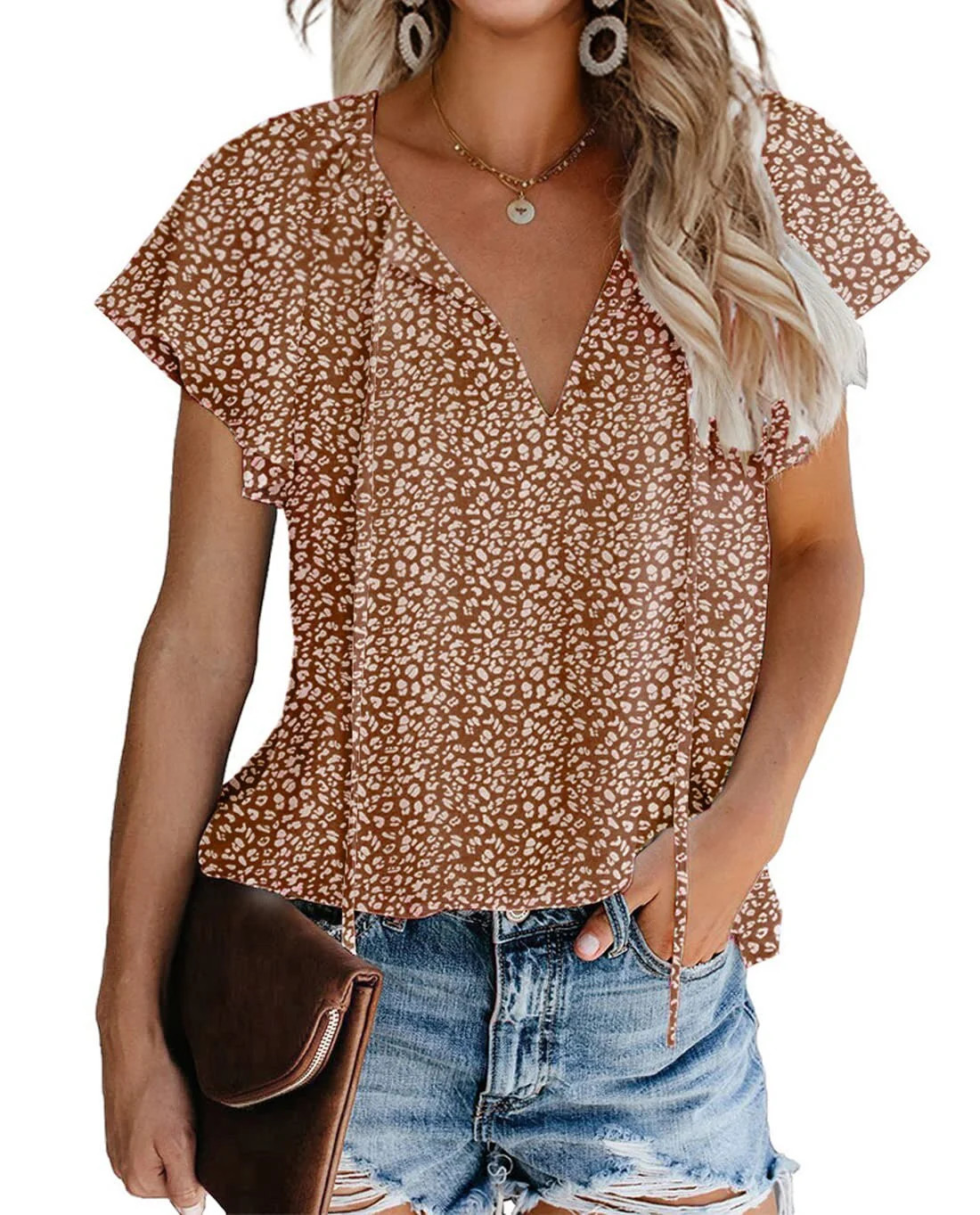 Fantaslook Blouses for Women Floral Print V Neck Ruffle Short Sleeve Shirts Casual Summer Tops | Walmart (US)