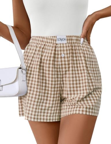LOMON Womens Boxer Shorts Casual Summer Cotton Pajama Lounge Sleep Pj Gingham Plaid Shorts Y2K Be... | Amazon (US)
