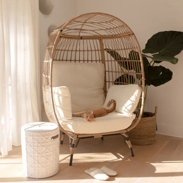 Wicker Oasis Lounger: Teardrop Egg Chair with Stand & Cushions | Wayfair North America