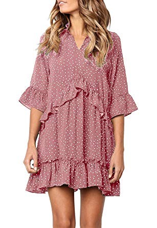 onlypuff Ruffle Polka Dot Dresses for Women Swing Tunic Tops Casual Loose Fitting V Neck Sleevele... | Amazon (US)