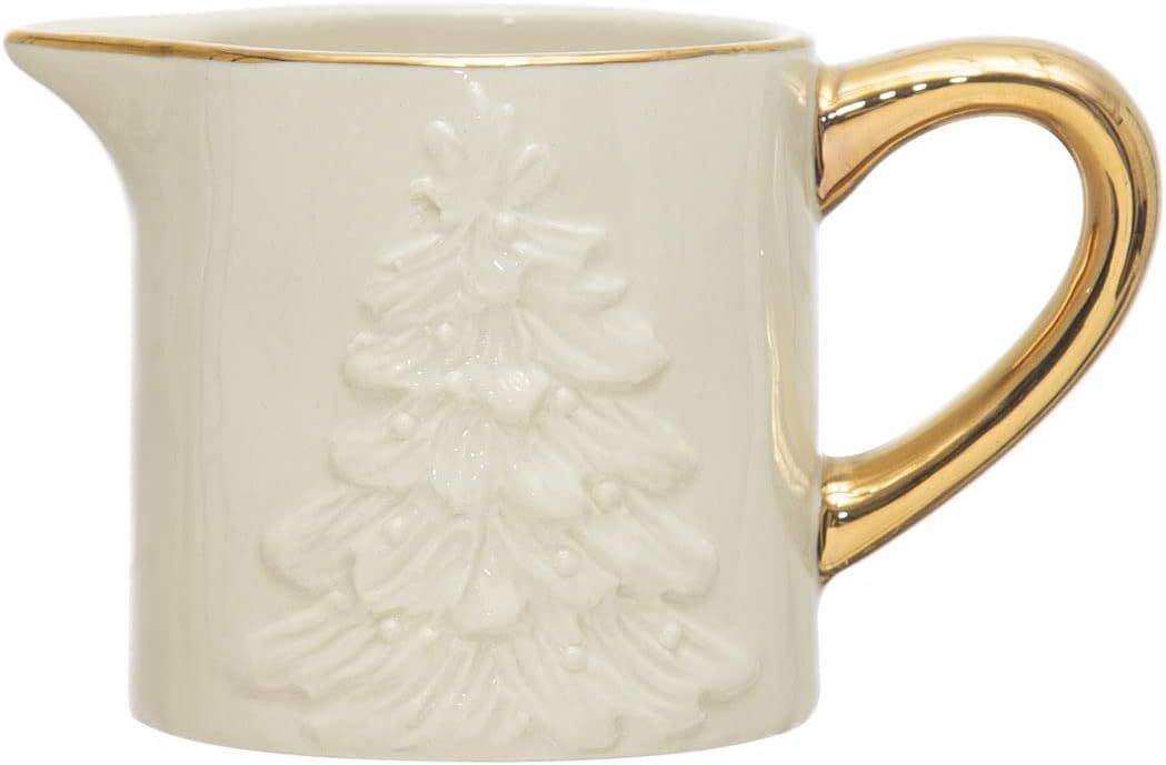 Creative Co-Op Embossed Stoneware Creamer, White and Gold | Amazon (US)