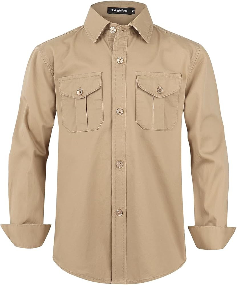 Spring&Gege Boys' Long Sleeve Button Down Shirt for Kids Woven Solid Two Pockets | Amazon (US)
