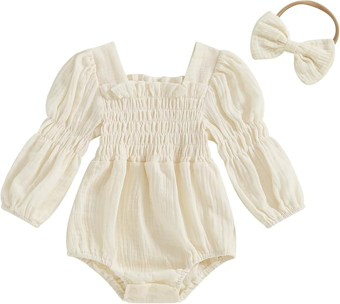 Smocked Baby Girl Clothes Newborn Girl Bubble Romper Long Sleeve Jumpsuit And Headband Outfit Cut... | Amazon (US)