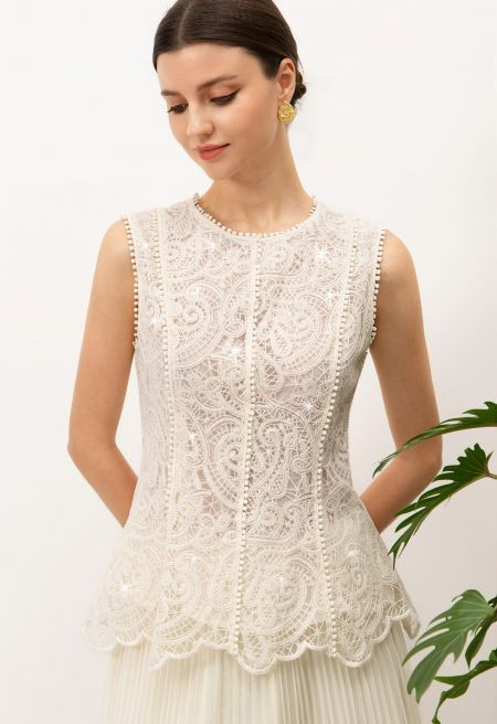 Embroidered Paisley Sequin-Trimmed Sleeveless Top in Cream for Bridal Shower & Afternoon Tea | Chicwish
